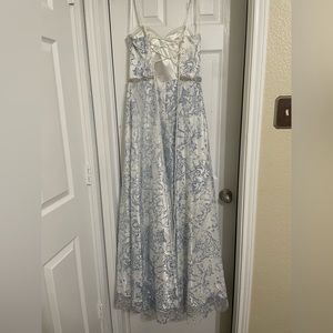 strapless white sweetheart top dress with a blue shimmer accent